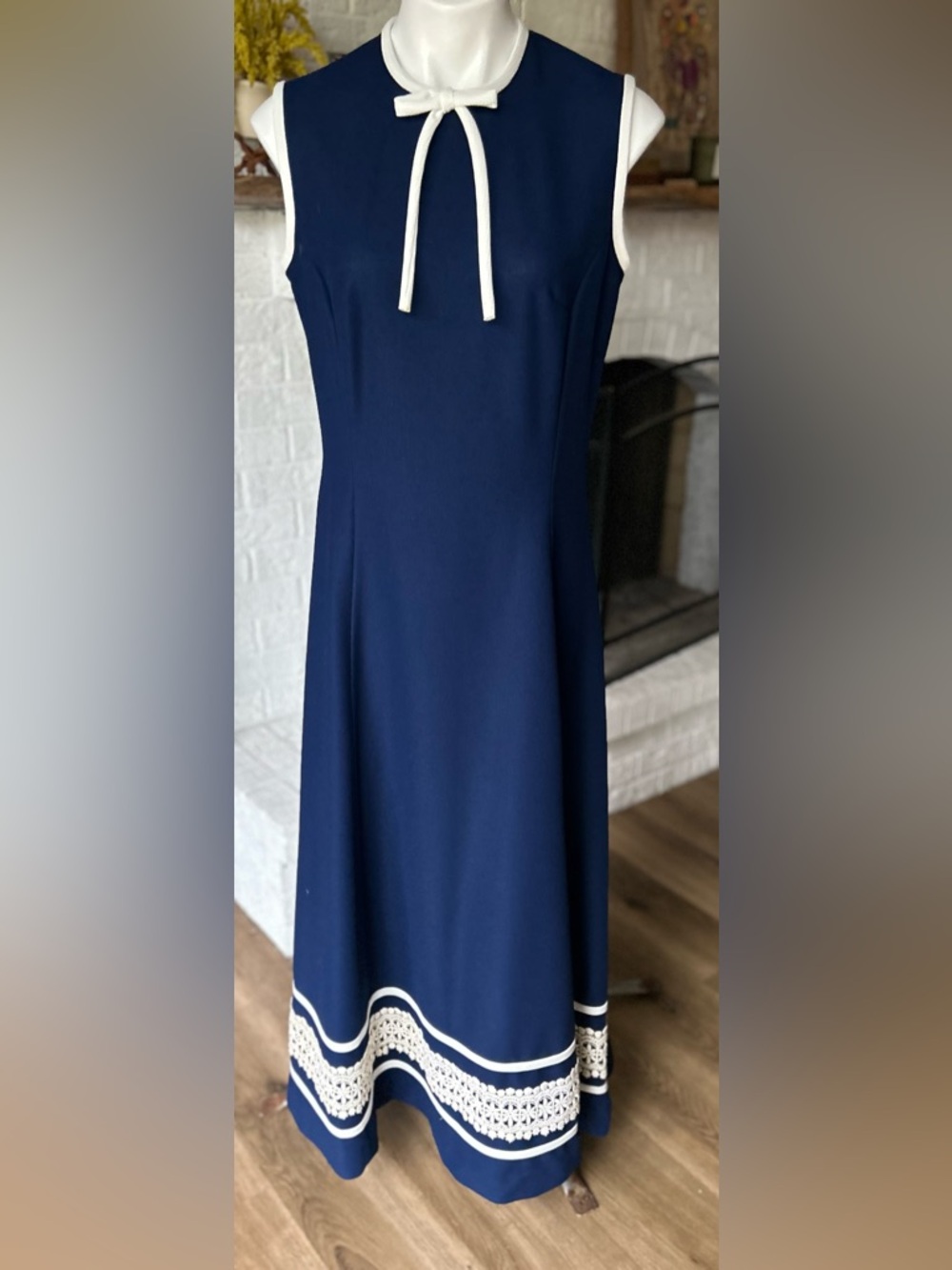 Vintage 60s 70s Bridesmaid Romantic Polyester Maxi Dress Navy Blue Lace Trim